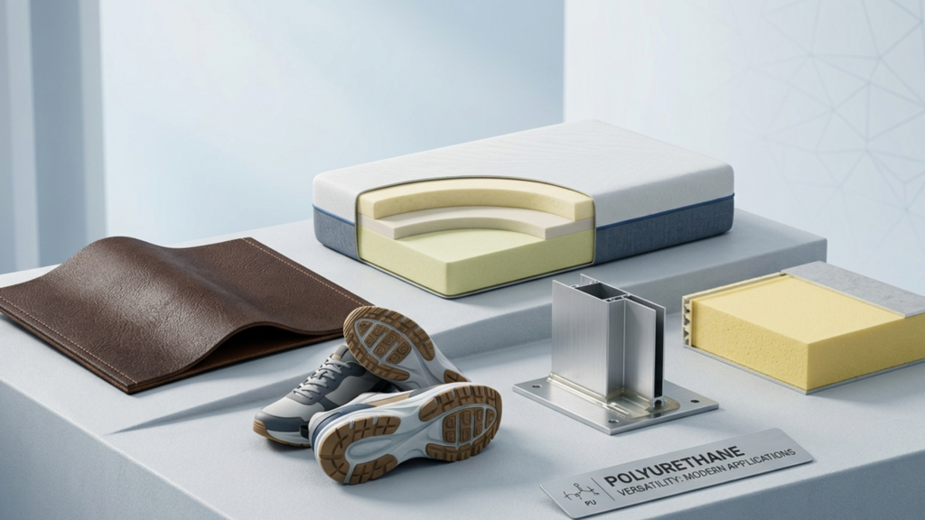 A modern industrial concept image showing polyurethane (PU) material applications, including PU leather texture, foam mattress layers, shoe soles, adhesive coating, and insulation materials, arranged in a clean composition. The background should be minimal with a soft gradient (blue/grey/white), with realistic textures and slight 3D effect. Lighting should be professional and soft, highlighting material quality and versatility. Style: ultra-realistic, high resolution, corporate industrial theme, sharp details, minimal clutter.