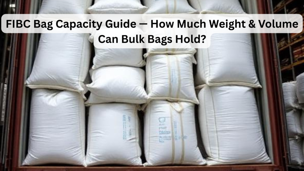 FIBC jumbo bags loaded in a shipping container for export with text “FIBC Bag Capacity Guide 1000 kg – 2000 kg Bulk Bags”