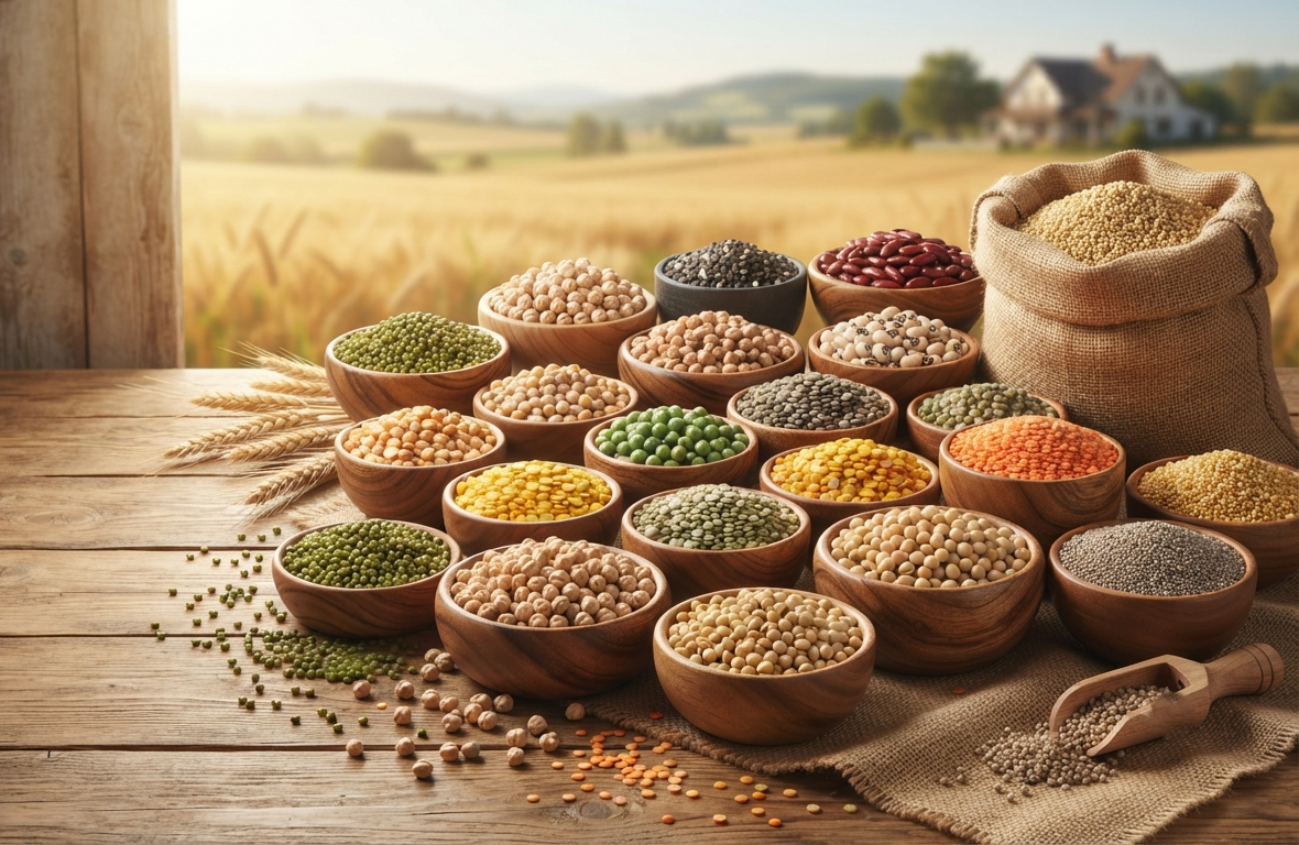 Assorted pulses and lentils in bowls