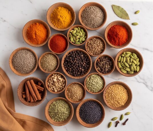 Assorted whole spices in bowls