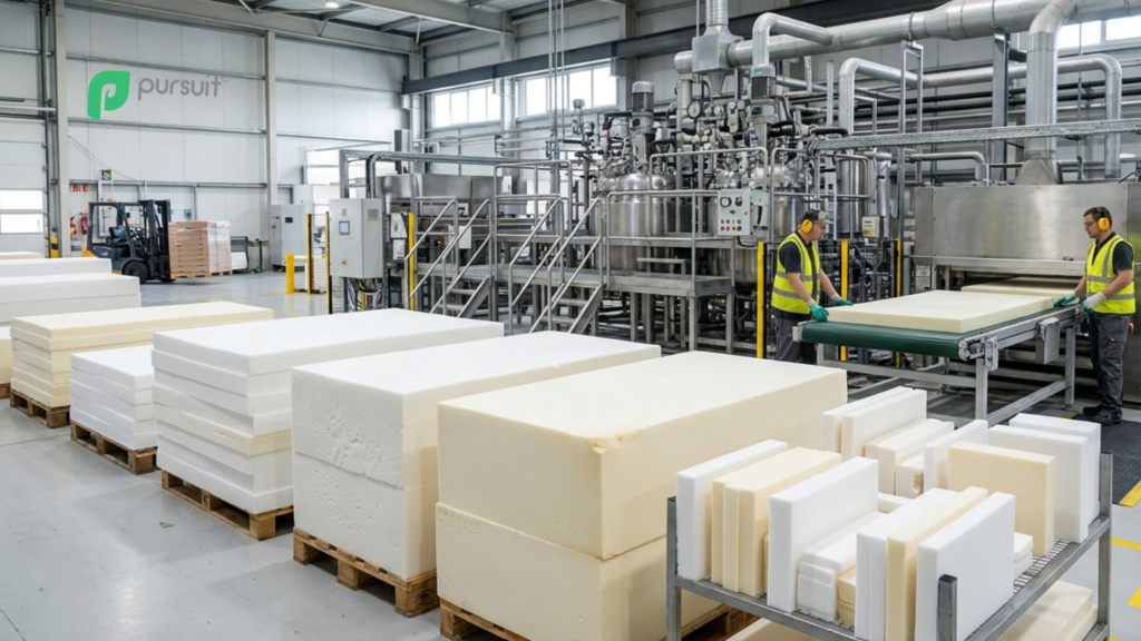 Polyurethane foam blocks and industrial foam manufacturing equipment